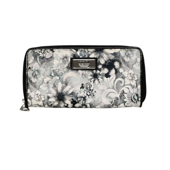 Gigi Hill Los Angeles Full Zip Around Accordion Wallet Black Gray Floral Print - Picture 1 of 9